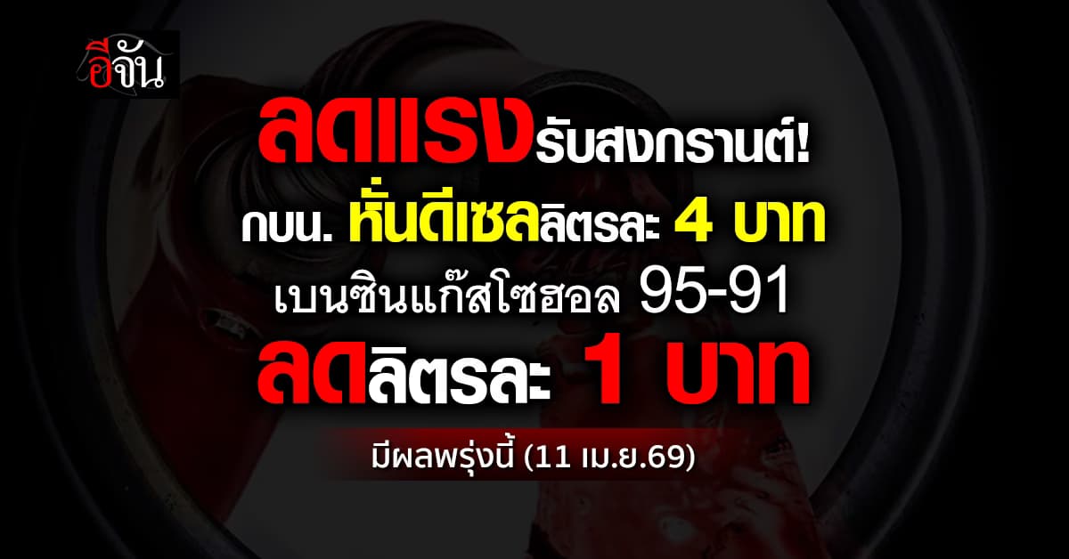 กบน. หั่นดีเซลลิตรละ 4 บาท เบนซินแก๊สโซฮอล 95-91 ลดลิตรละ 1 บาท มีผล 11 เม.ย.69