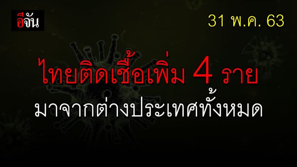 31 พ.ค. 63 ศบค.เเถลงไทยพบผู้ติดเชื้อเพิ่ม 4 ราย ไร้ผู้เสียชีวิต