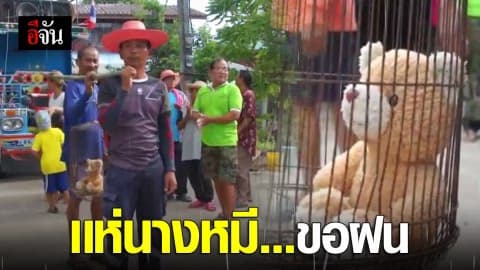 สุดแปลก ! ชาวบ้านใช้ตุ๊กตาหมีแทนแมว แห่ขอฝน