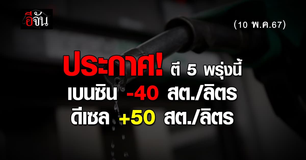พรุ่งนี้ (10 พ.ค.67) ตีห้า น้ำมันเบนซินและแก๊สโซฮอล์ลง 40 สต. ดีเซลขึ้น 50 สต./ลิตร