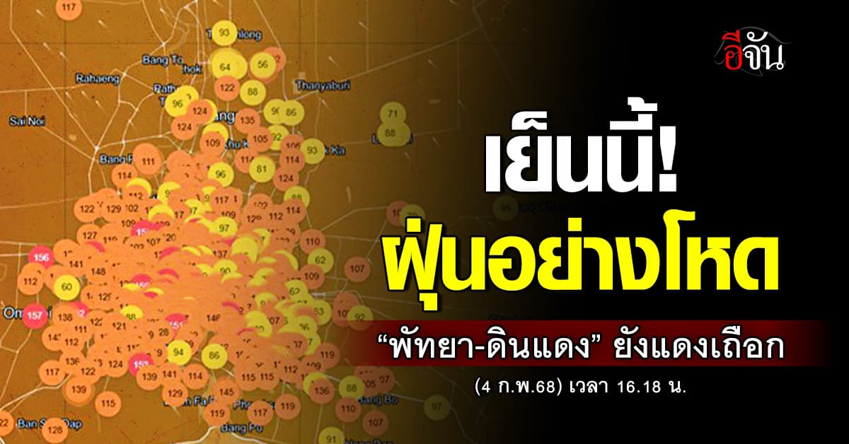 เย็นนี้ (4 ก.พ.68) ฝุ่นยังสูง “ดินแดง-พัทยา” ยังแดงเถือก ค่า AQI พุ่งเกินร้อย