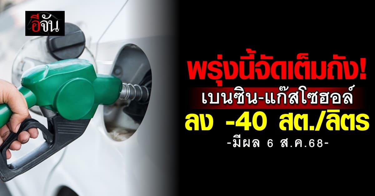 พรุ่งนี้ (6 ส.ค.68) น้ำมันเบนซิน-แก๊สโซฮอล์ ลง -40 สต./ลิตร