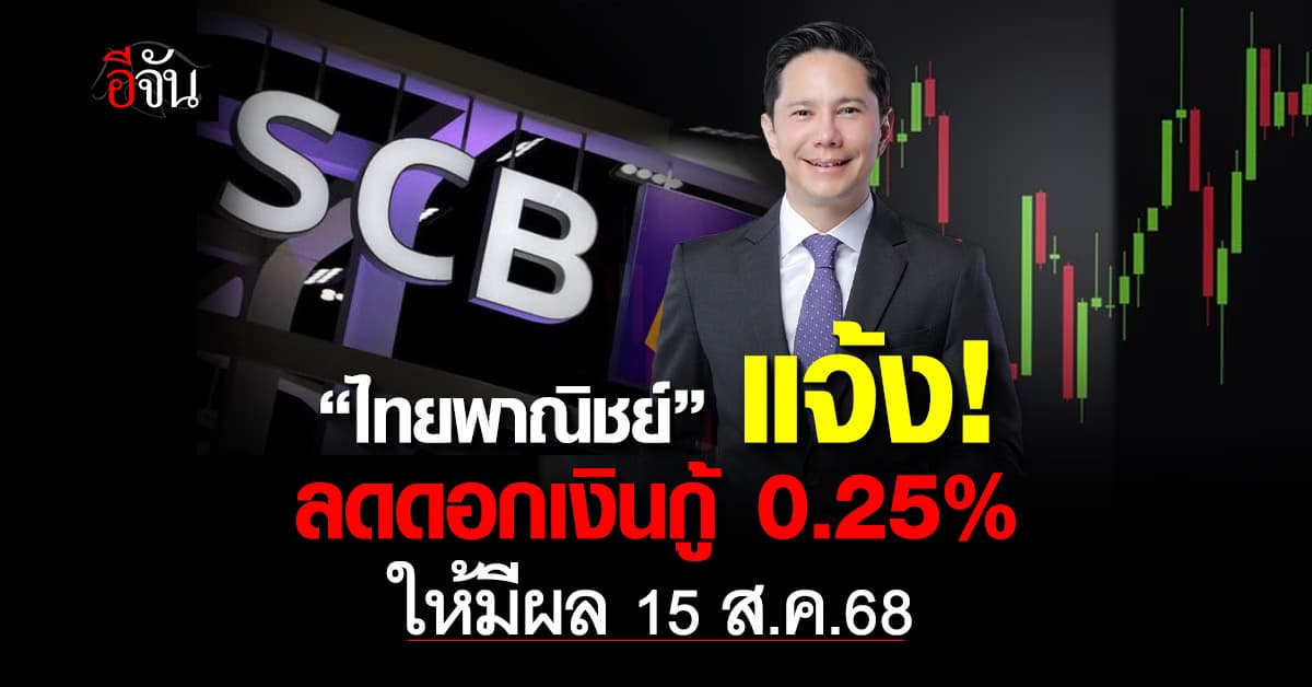 “ไทยพาณิชย์” แจ้งลดดอกเงินกู้ 0.25% มีผล 15 ส.ค.68